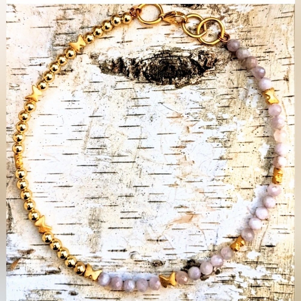 Natural Pink Kunzite  In Half And Half Design Beaded Necklace Choker